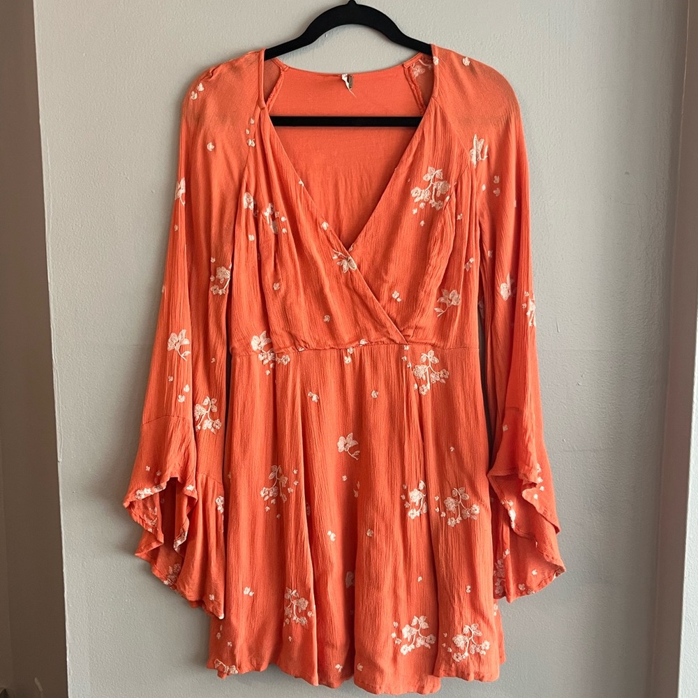 Free People Vibrant Orange Embroidered Floral Mini Dress